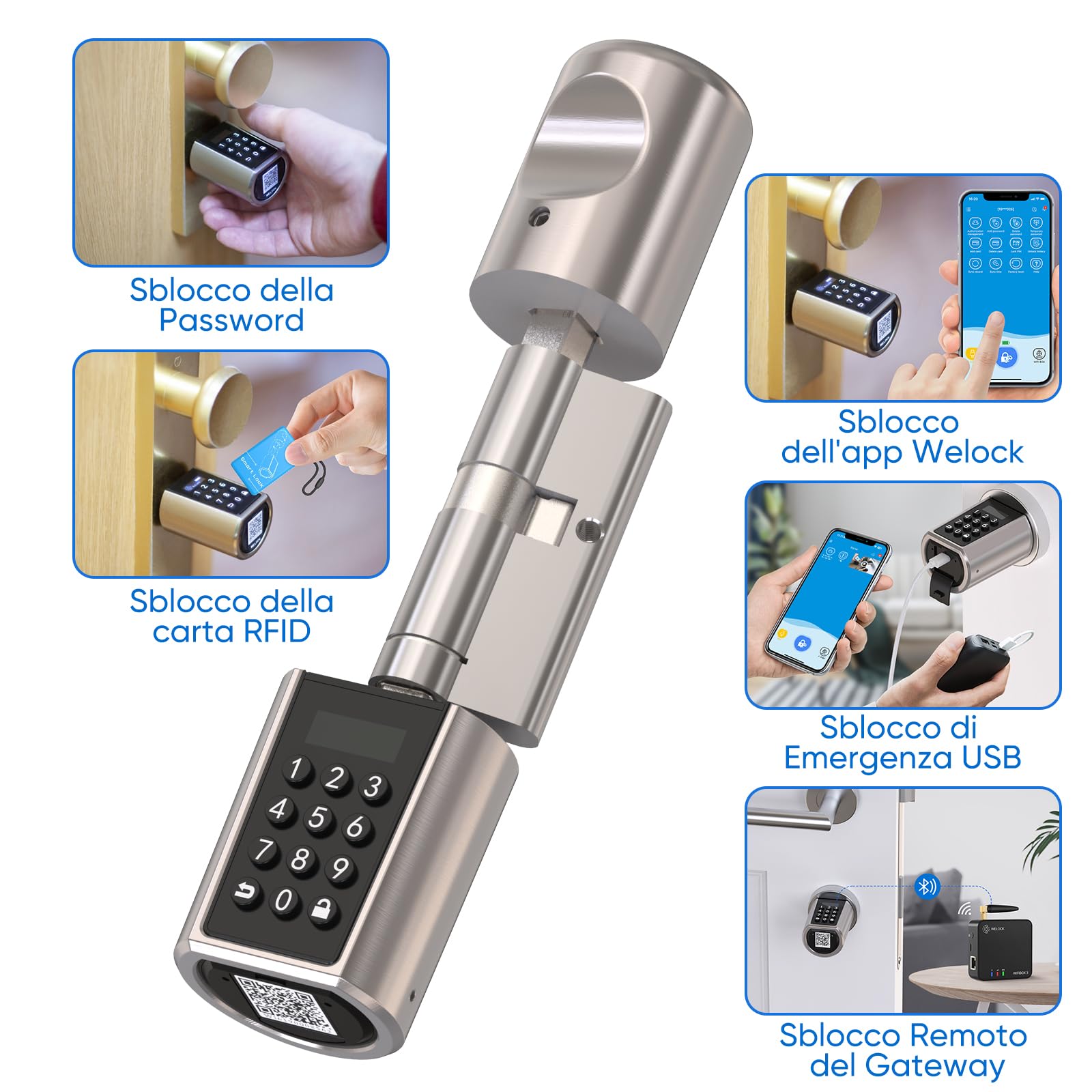 RUILON Serratura elettronica intelligente, Wifi/Password/Scheda RFID/Bluetooth/APP Serratura della porta, Serrature per porte regolabili per spessori della porta 50-100mm