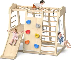 Indoor Playground 8-in-1 Wooden Jungle Gym Large Kids Play Gym Climbing Toys with Swing, Slide with Preperation Zone, Monkey Bars, Climbing Rocks, Rope Wall, Ladders