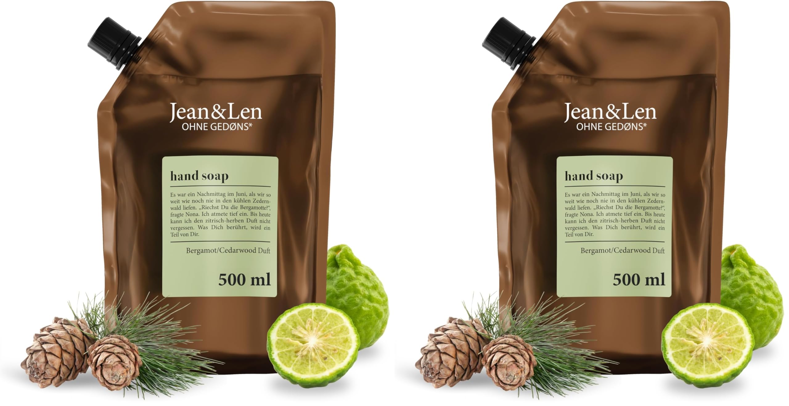 Jean & Len Handseife Bergamot & Cedarwood im Nachfüllpack, reinigt beanspruchte Hände, für die tägliche Anwendung geeignet, erfrischend-zitrischer Duft, Flüssigseife vegan, 500 ml (Packung mit 2)
