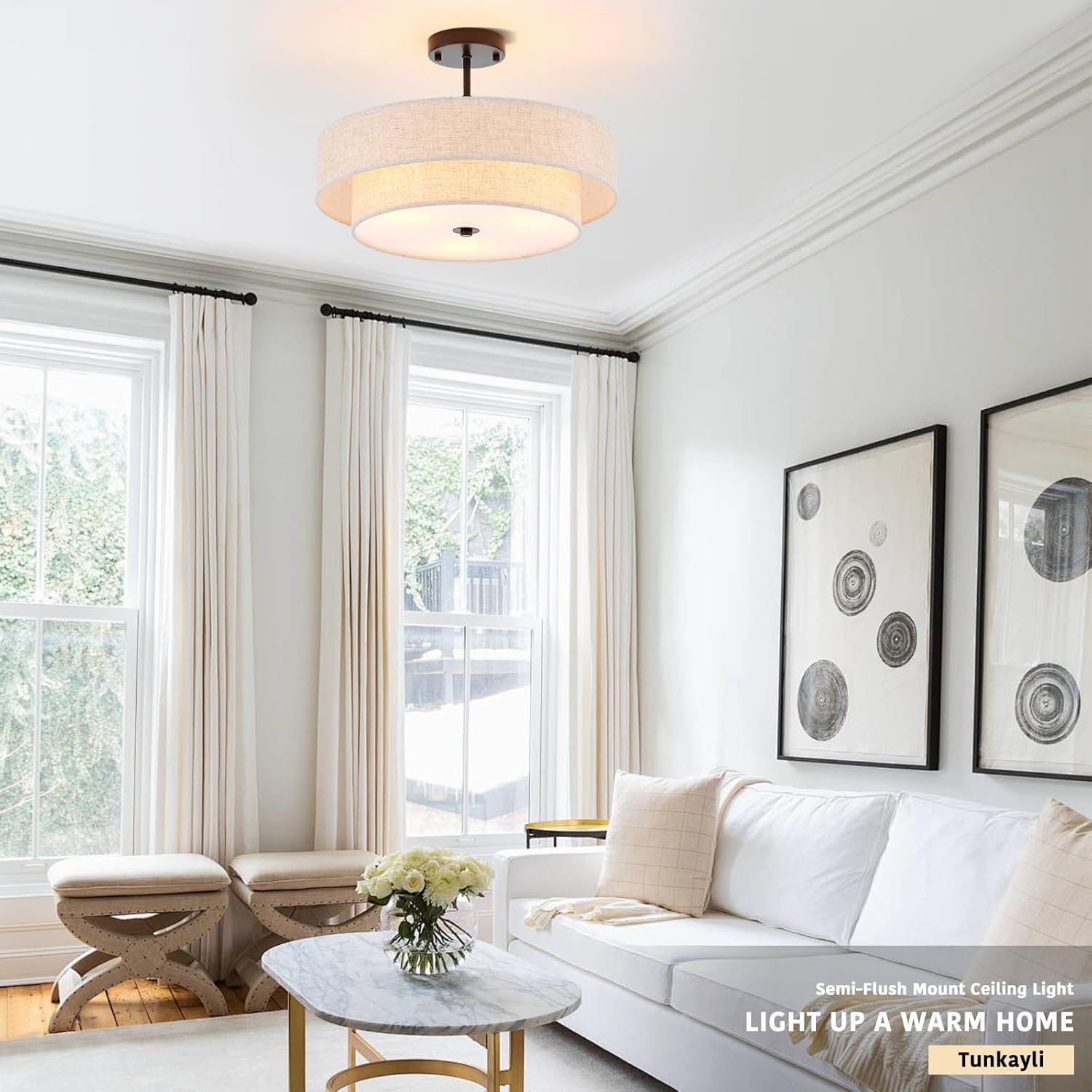 Semi Flush Mount Ceiling Light, 18" Black Drum Ceiling Light Fixture, 3-Light with 2-Tier Beige Linen Fabric Shade, Modern Farmhouse Close to Ceiling Light for Bedroom, Kitchen, Entryway