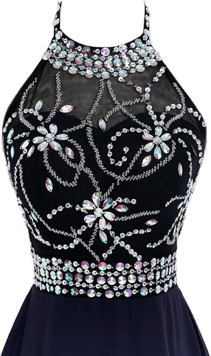 Women's Beaded Halter Neck Short Chiffon Homecoming Party Prom Dress