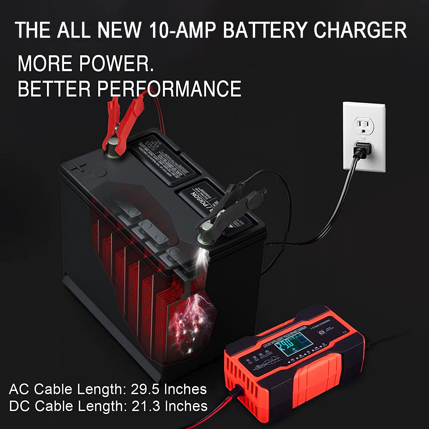 10A Autobatterie Ladegerät, 12V/24V Smart vollautomatische Batterie Ladegerät mit 7-Stufiger Ladung und LCD-Bildschirm Batterie Ladegerät, geeignet für AGM, Wet und Gel-Blei-Säure-Batterien