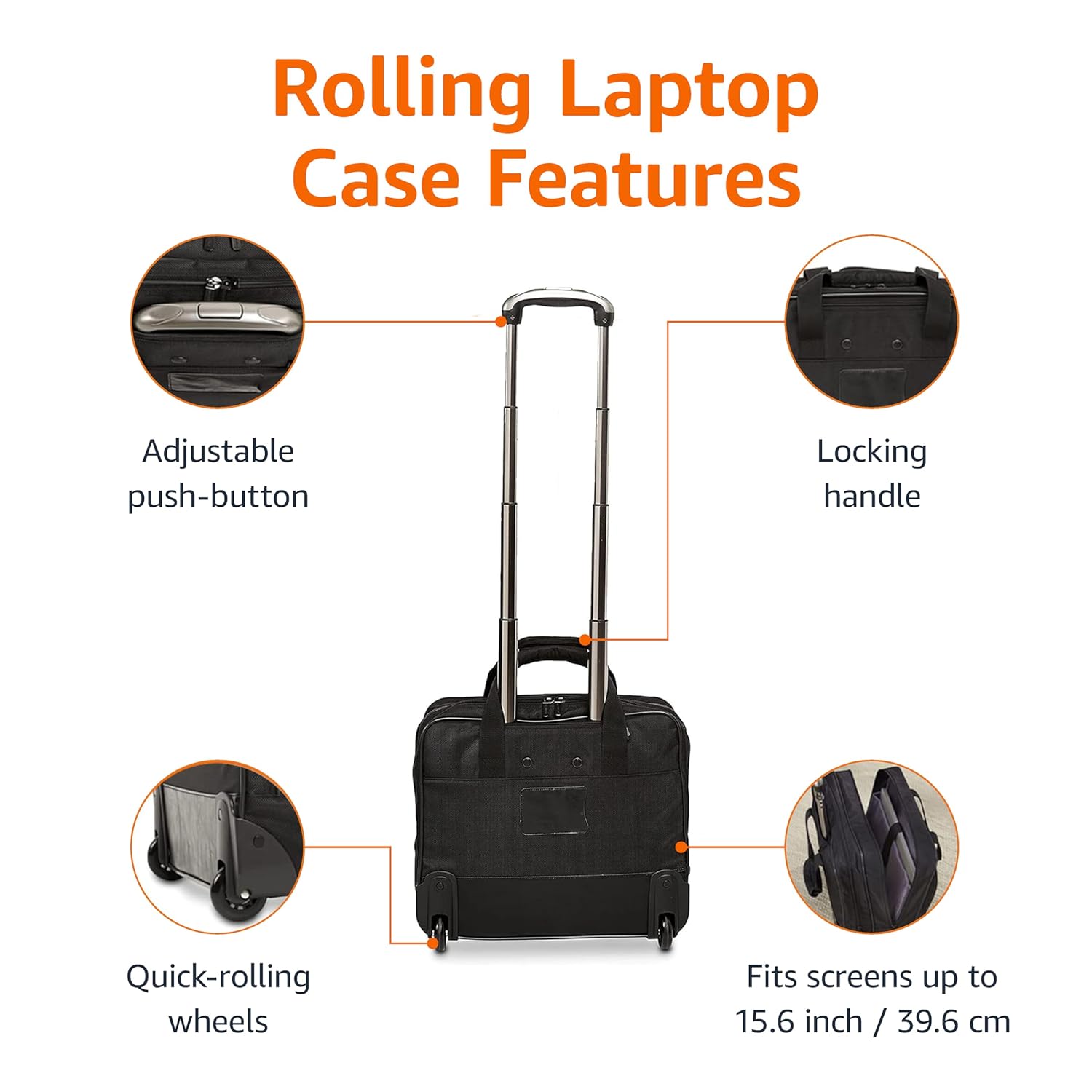Amazon Basics Laptop bag with quick-rolling wheels and easy-access front pocket - fits Laptops up to 15.6 inch (39.6 cm), Black - Image 4
