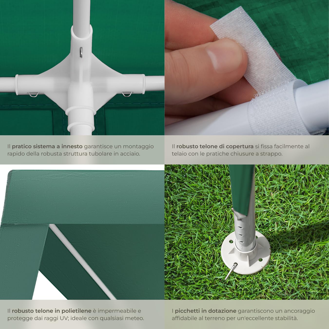 tectake® gazebo 3x3 m, impermeabile, pieghevole, struttura in acciaio, copertura con protezione UV, tendone da esterno, per fiere, spiaggia, gazebo esterno resistente, con corde e picchetti - Verde