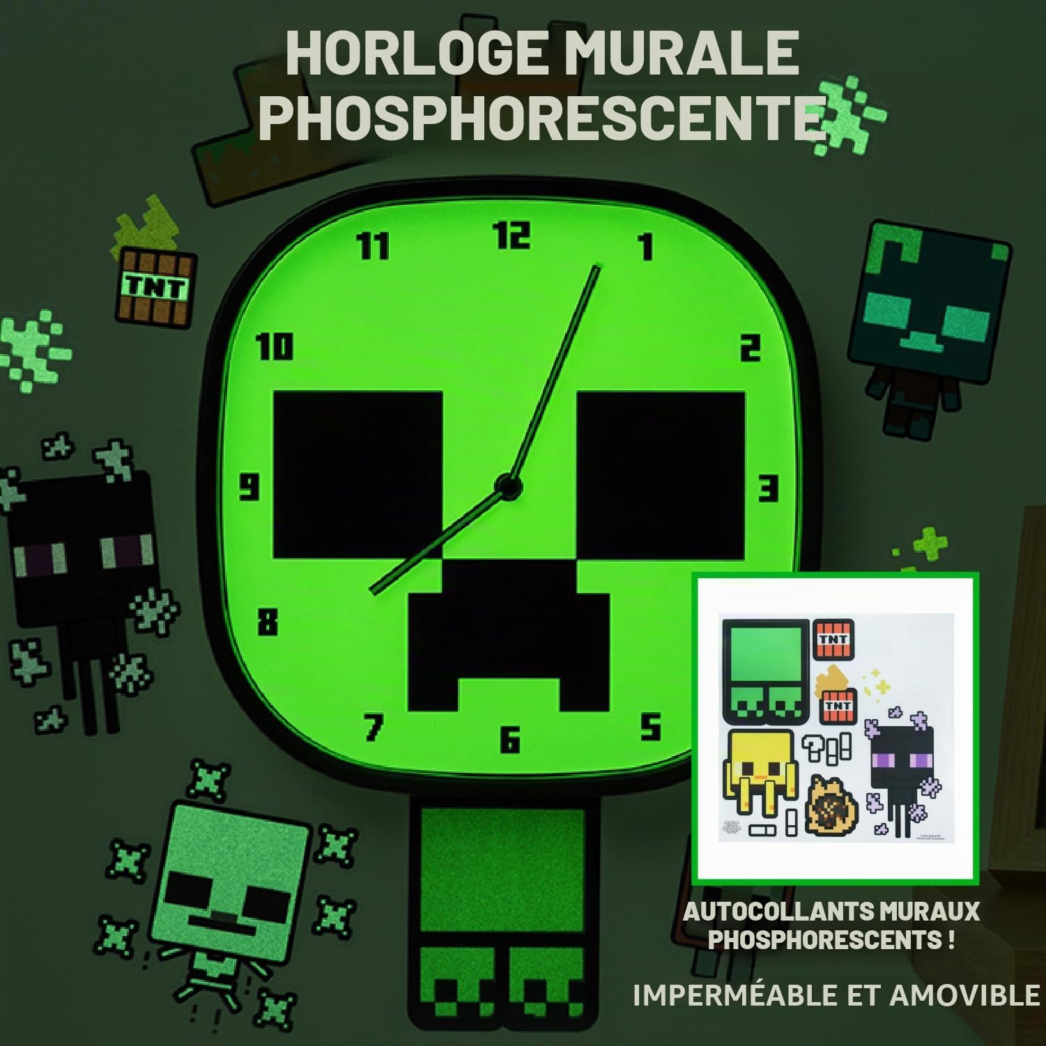 Minecraft Horloge Murale Creeper Lumineuse dans Le Noir - Horloge Silencieuse Officielle, Inclut 3 Feuilles de Décalcomanies Retirables