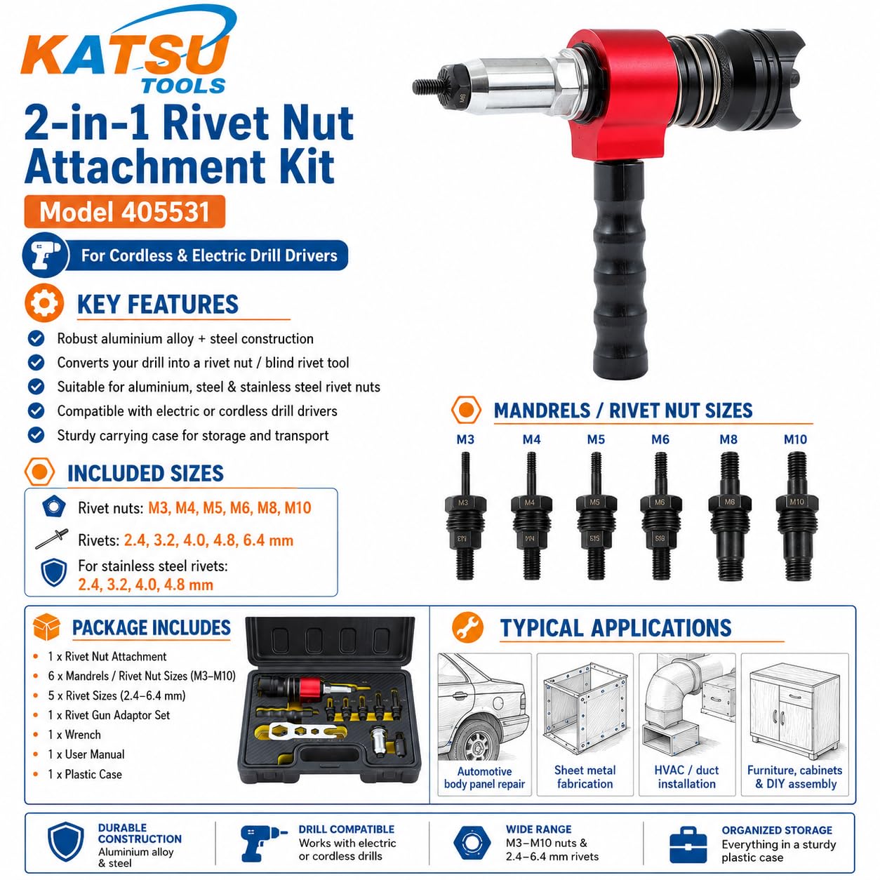 KATSU Tools Accesorio de tuerca remachadora, kit adaptador de pistola de remache multifunción 2 en 1, herramienta de remachado para taladros eléctricos inalámbricos, modelo 405531