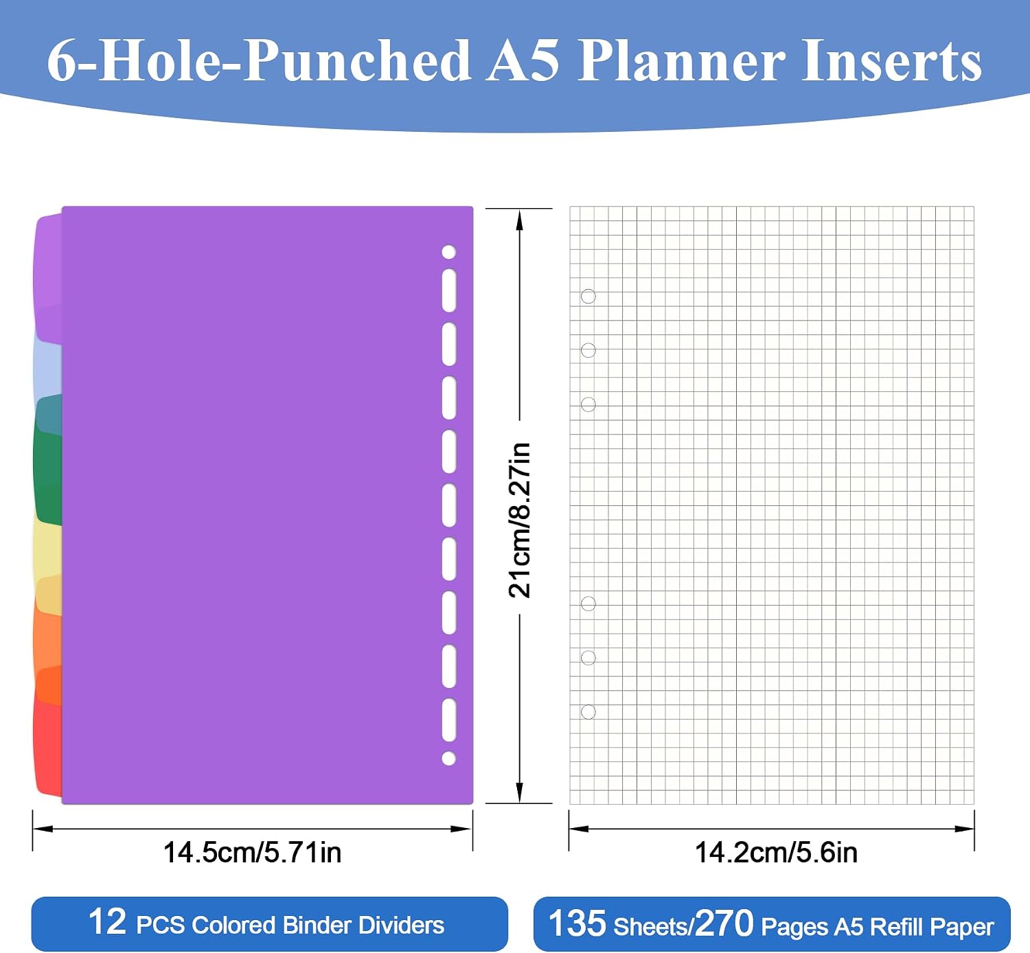 A5 Grid Refill Paper Planner Inserts for A5 6-Ring Binder, 135 Sheets 6-Hole Graph Rule Loose Leaf Filler Paper Refills with 12PCS Binder Dividers for Refillable Notebooks, Bullet Journal, Math