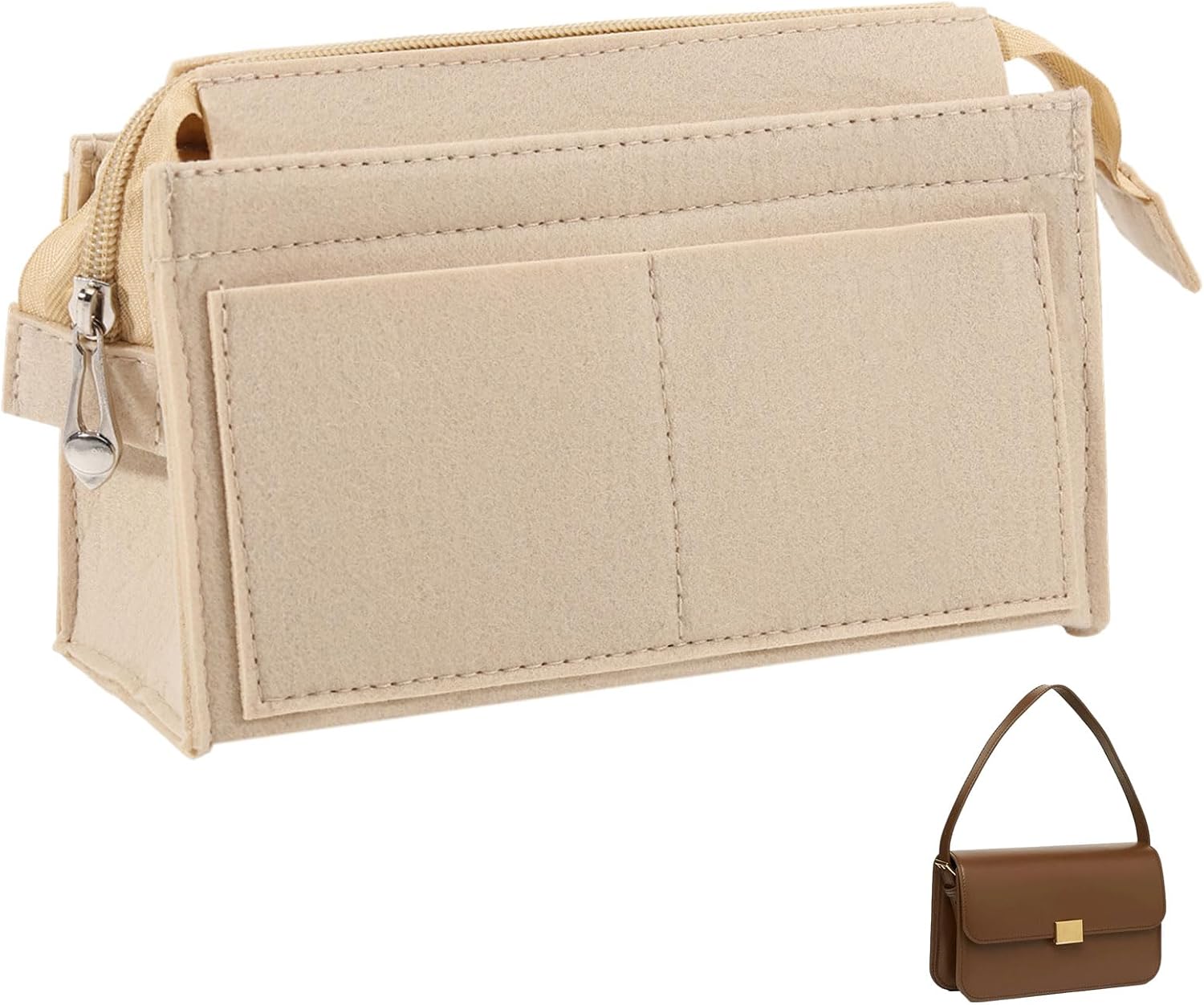 Felt Organizer Insert Handbag Small Handbag Purse Organizer Tote with Zipper for Women Item Storage White, 7.79×3.15×4.33 inch