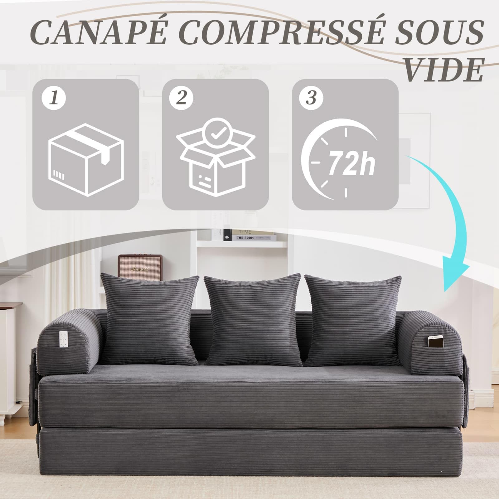 KOMHTOM Canapé 3 Places en Velours Côtelé avec 3 Coussins Confortables, DIY Libre et Structure Métal - Canapé Convertible Moderne (Gris foncé-B)