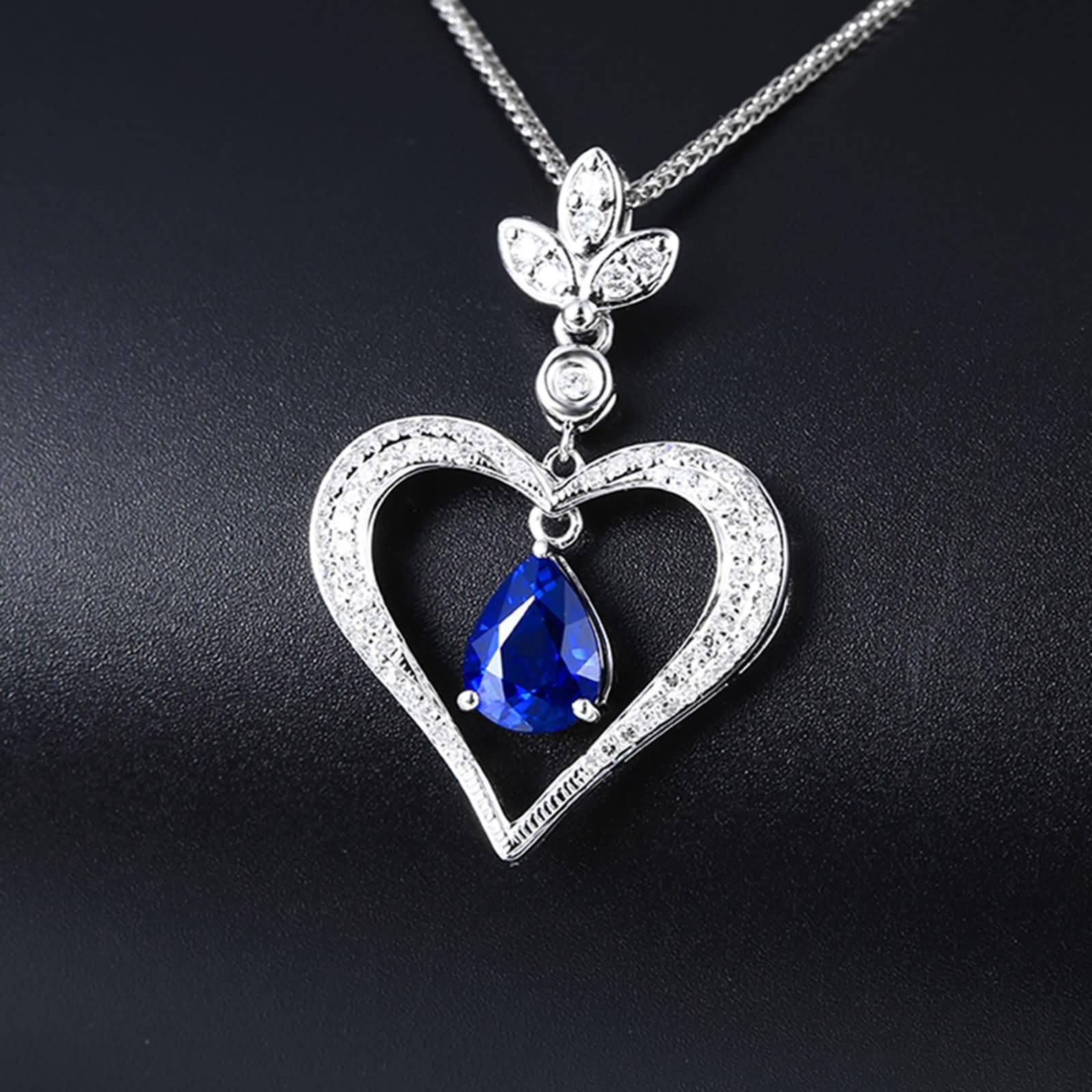 Catenina Collana Oro Bianco 18 Carati Donna,Collane Catene Cuore e Goccia d'acqua con 1,25 ct Zaffiro Sintetico e Moissanite Catenella Collana Argento Donna