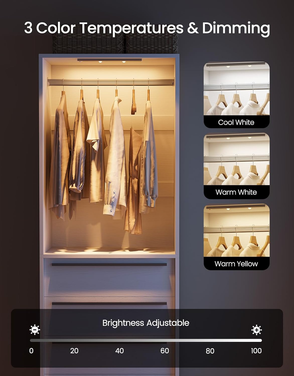 Closet System, Closet Organizer System with Rechargeable Motion Sensor Light Indoor, Walk in Closet Systems with 5 Drawers and Metal Hanging Rods, White