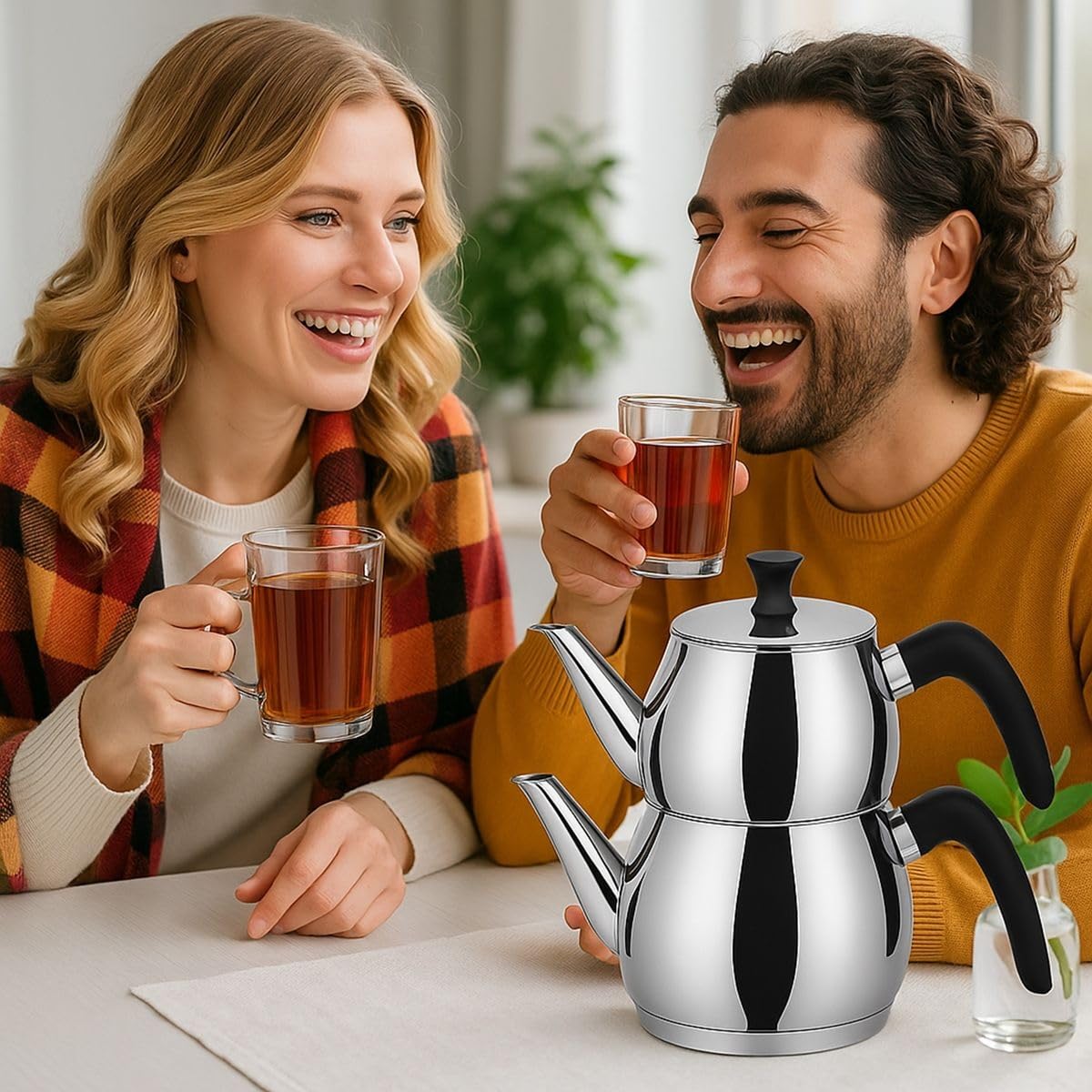 Caydanlik Teekanne Edelstahl 2-stöckig – Türkischer Teekocher induktionsgeeignet – mit Teegläsern oder nur Kanne Größe Kanne 1,5L, Farbe Glas-Set 12er