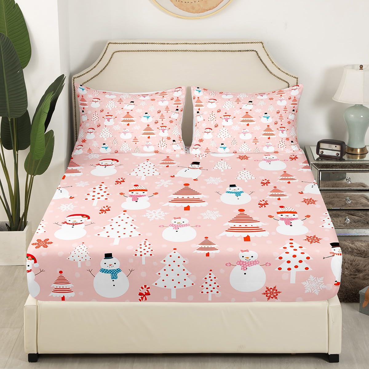 Christmas Snowman Kids Bedding Set – Toddler Duvet Cover & Pillow Sham, Pink Dots Xmas Theme (2-Piece)