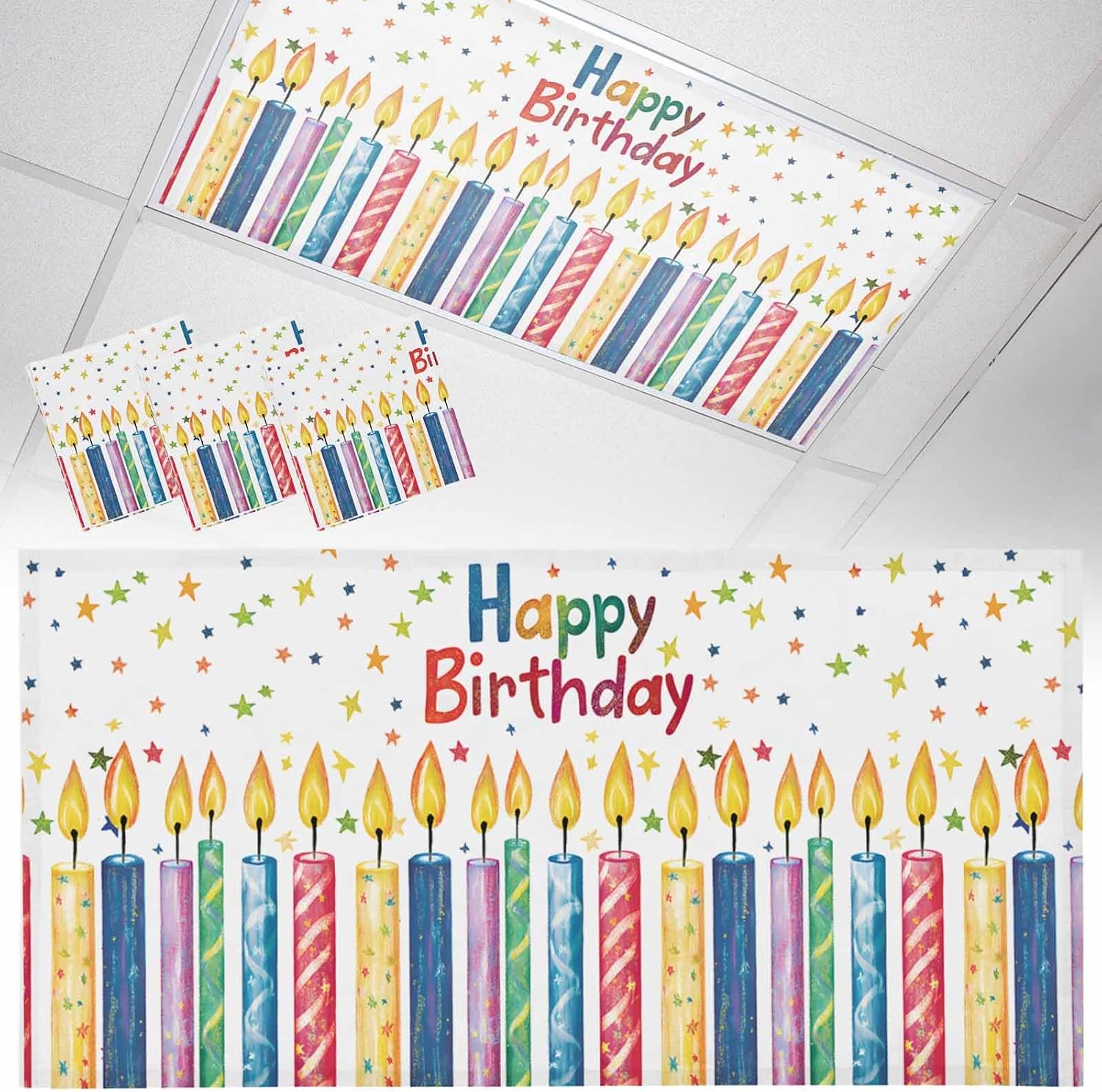 Happy Birthday Fluorescent Light Covers for Ceiling Lights Magnetic Light Covers for Classroom Colorful Candle Star Lights Filters 4x2 Ft Drop Shade Panel for Office Home School 3 Pack