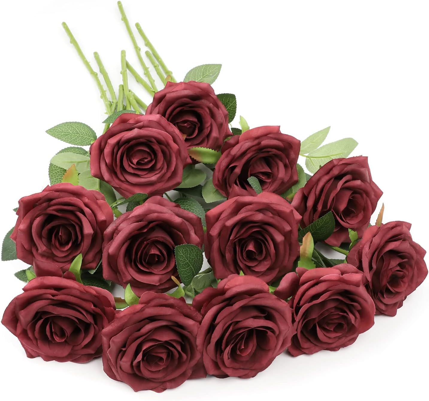 LVEFIT Artificial Rose Flower Burgundy Rose Flower Silk Flowers 12 pcs with Long Stem Silk Roses Bouquet for Wedding Bridal Shower Party Home Decoration