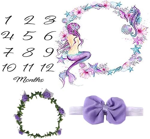 Miniatura 2 de Manta mensual de hitos para bebés, niñas recién nacidas, accesorios de fotos de sirena morada, telón de fondo para fotografía personalizada, manta