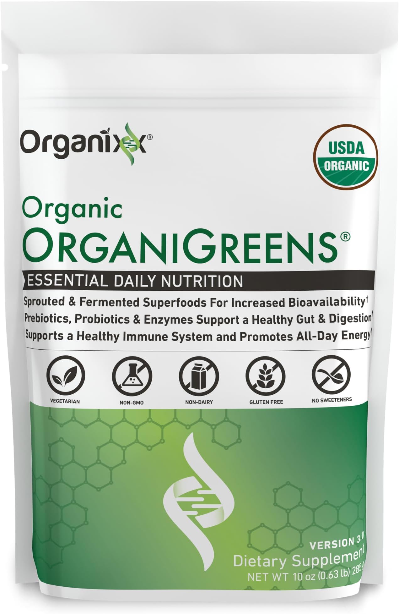 Organixx OrganiGreens Superfood Powder, Probiotics, Vegan, 10oz | Organic supergreens with probiotic digestive enzymes, supports gut health, immune function & daily energy; non-GMO