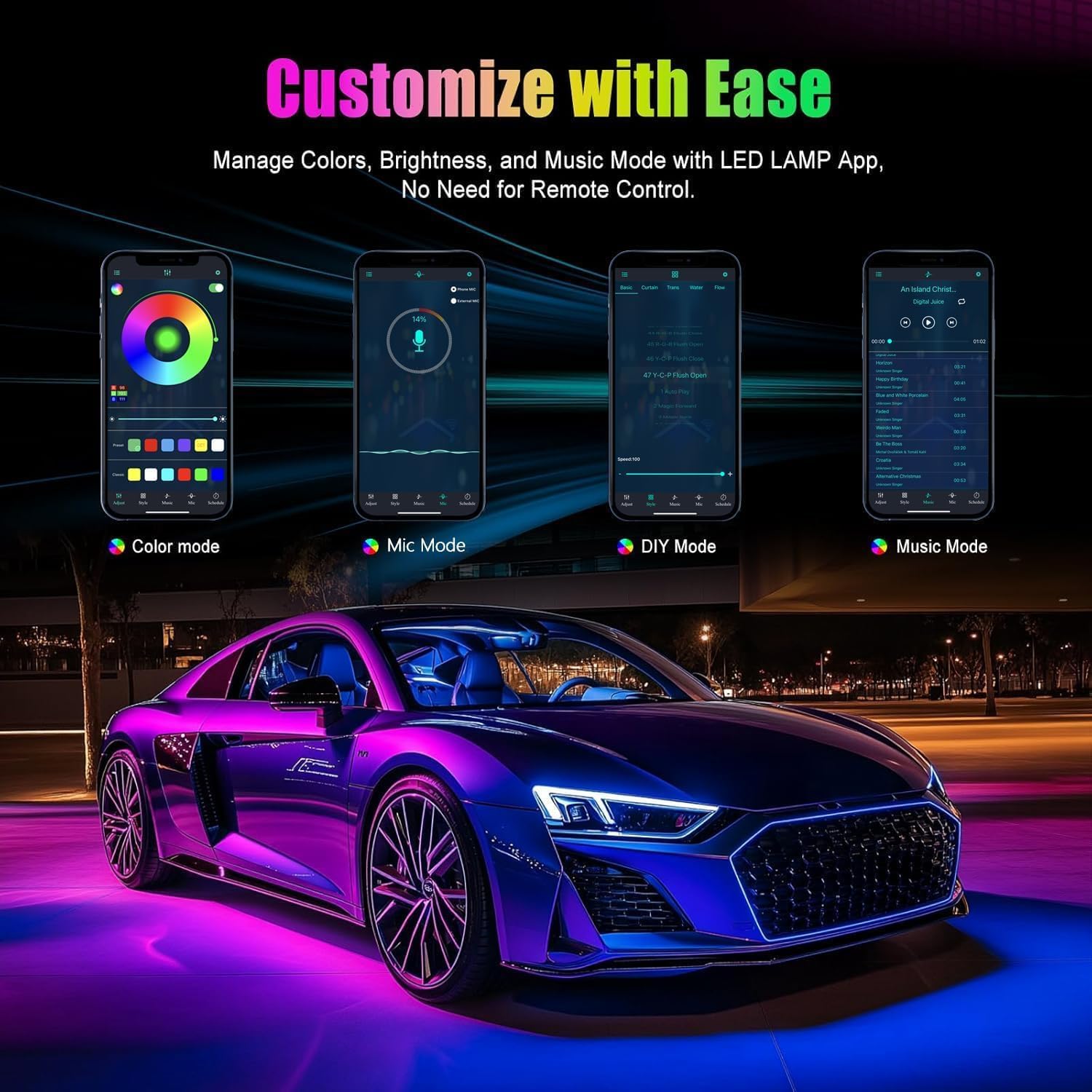 2 Pack Car LED Lights Interior, Ambient Lighting Car with Smart APP Control, Multicolor Interior LED Lights with Music Mode for Truck Jeep SUV, DC 12V