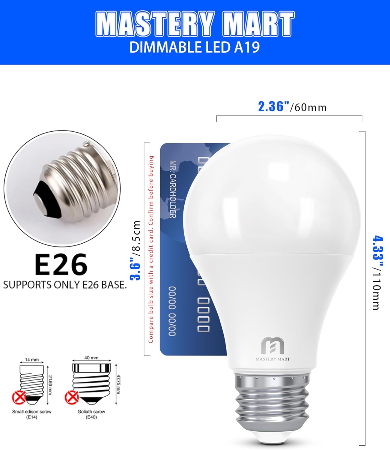 Mastery Mart A19 60W LED Light Bulbs, E26 Base, 5000K Bright Daylight White, 800 Lumens, CRI 80+, Non-Dimmable, Energy Star, UL Listed, 9W, 60 Pack