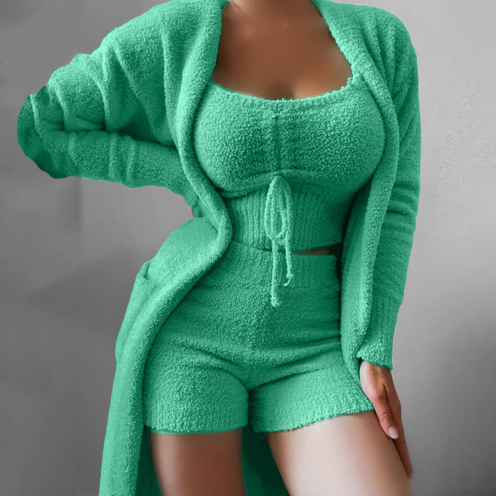 Pyjama pour femme en peluche chaude | Combinaison de maison pour femme 3 pièces Pyjama doux avec pyjama | Ensemble cami et short Ensemble de vêtements de nuit pour femme Manteau uni Ensembles de