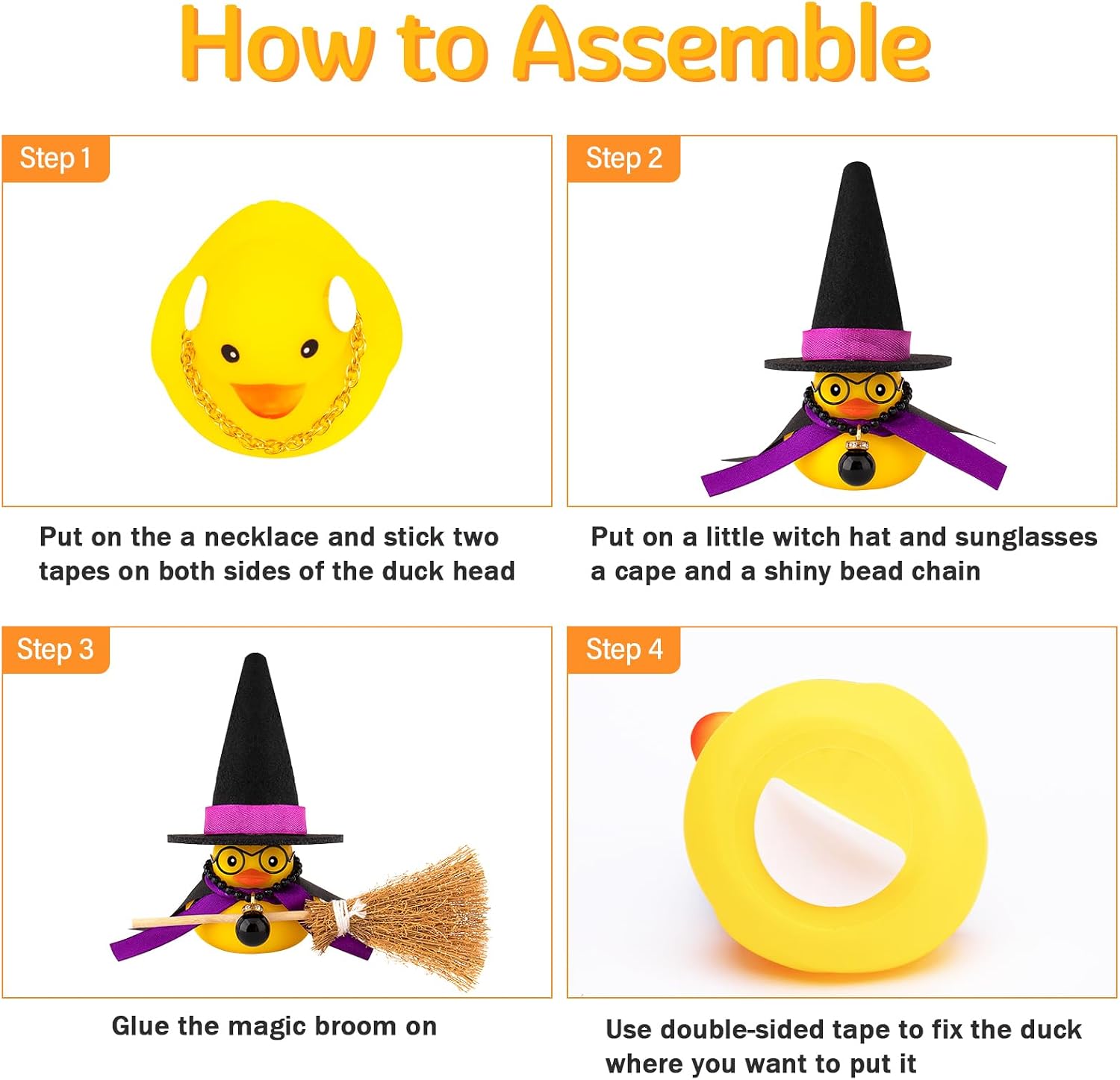 Wonuu Duck Car Dashboard Decorations Duck Car Ornaments Cute Car Accessories with Magic Hat Broom Necklace and Round Sunglasses, Black & Purple