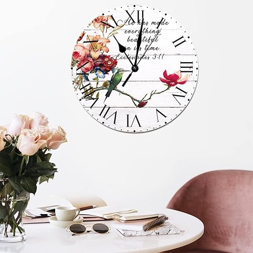 Miniatura 198 de ArogGeld He Made Everything Beautiful - Reloj de pared de PVC con flores rosadas, colibrí, reloj de pared grande con cita y números romanos, reloj