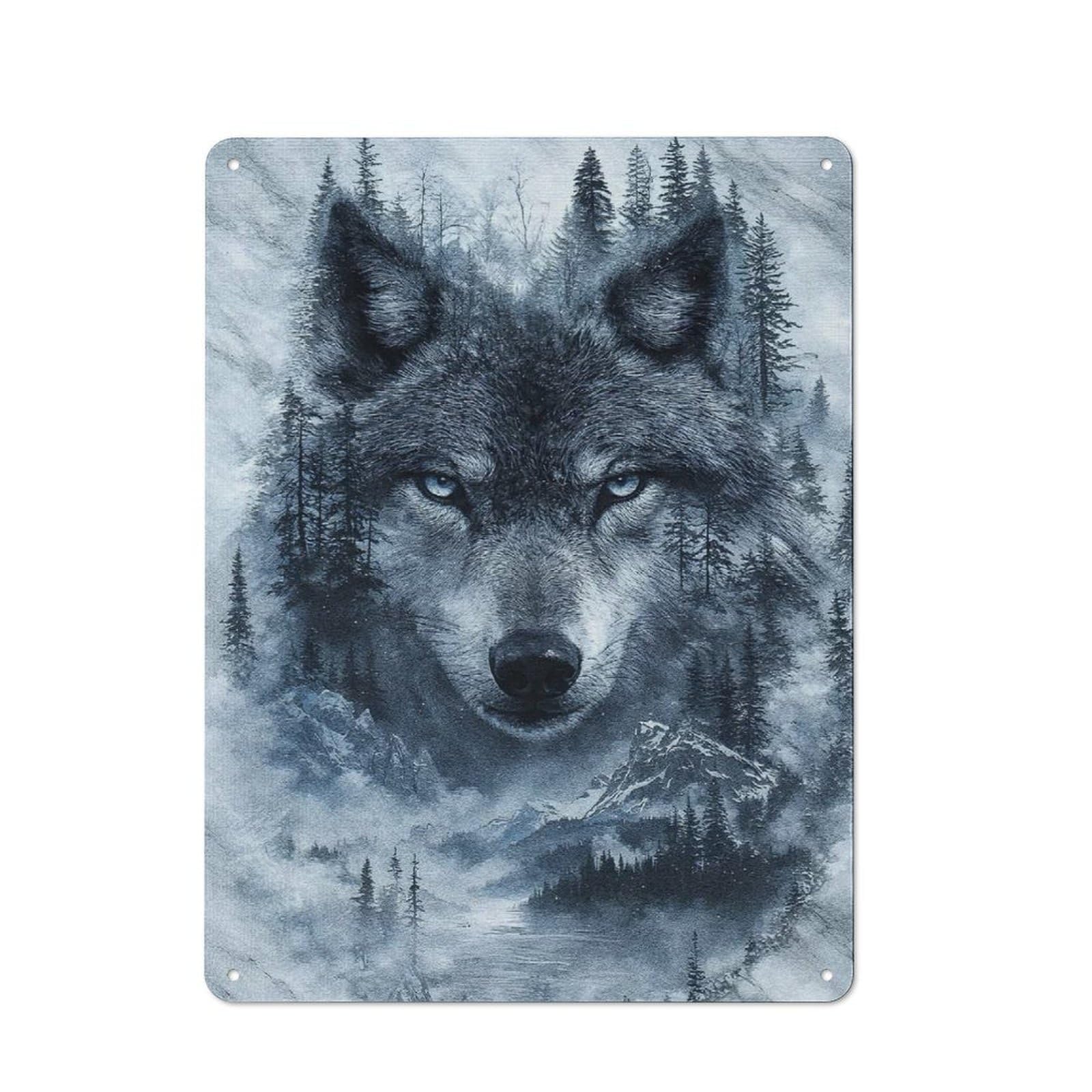 Junmoney Style-20 Tin Wall Plaque 40X30cm With Wolf And Winter Forest For Bar Or Restaurant, For Hospitality Decor Collectors