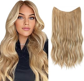 SARLA Invisible Wire Hair Extension with 3 Clips Synthetic Long Beach Wave Hairpiece Transparent Adjustable Headband for Women 20 Inch Honey Blonde/Bleach Blonde
