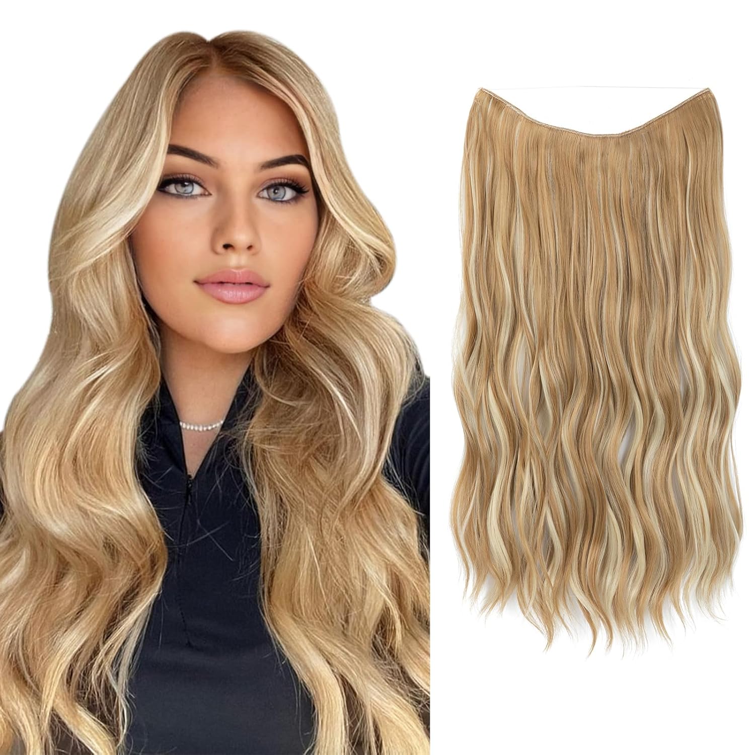 SARLA Invisible Wire Hair Extension with 2 Clips Synthetic Long Beach Wave