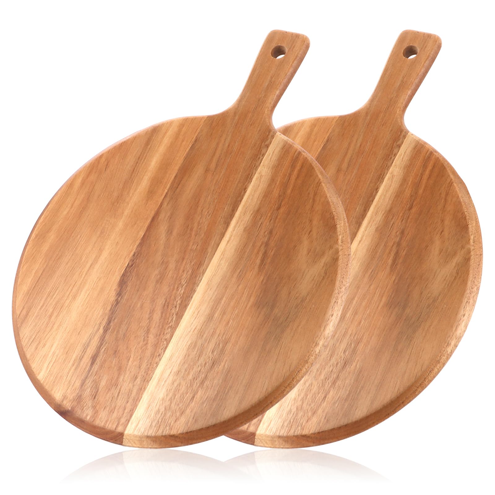 Lot de 2 assiettes à pizza rondes de 30,5 cm - Planche à découper en bois avec poignée - Plaque à pizza - Planche à charcuterie au fromage - Assiettes en bois pour pizza, tartes flambées