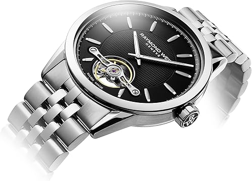 Vista 2 de RAYMOND WEIL Freelancer Reloj automático para hombre, calibre RW1212, esfera negra con índices plateados, rueda de equilibrio visible, pulsera