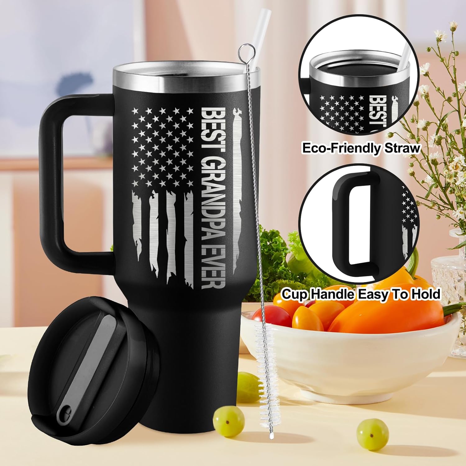 Grandpa Gifts Birthday Gifts for Grandpa Best Grandfather Fathers Day Gift Great Grandfather Gift from Grandkids 40oz Travel Cup Insulated Tumbler with Handle & Straw - Image 3