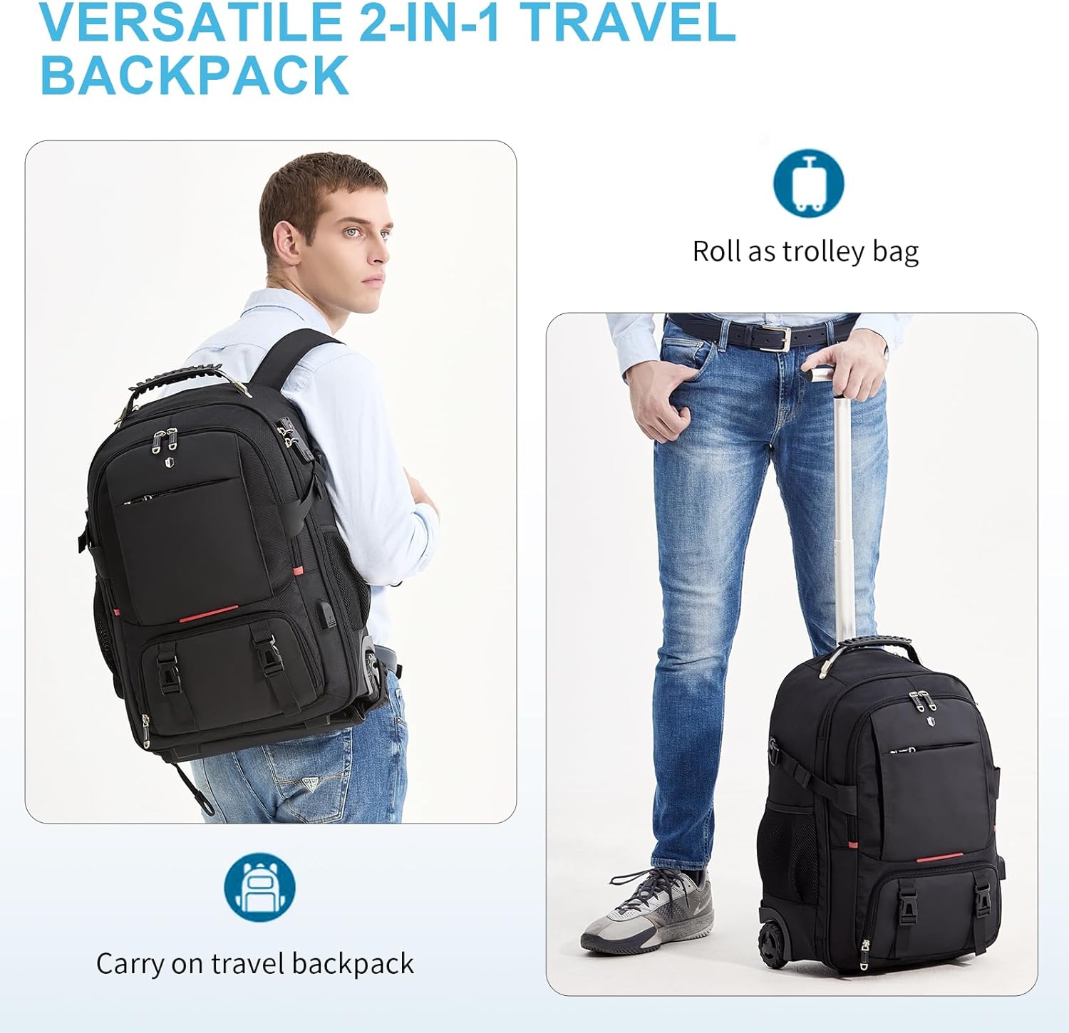Rolling Backpack with Wheels for Women Men, USB Charging Port, Laptop Compartment, TSA Lock, Dry-Wet Pocket, Water Resistant Luggage suitcase, Air Travel, Weekend Trips(Excludes Vacuum Bag and Pump) - Image 9