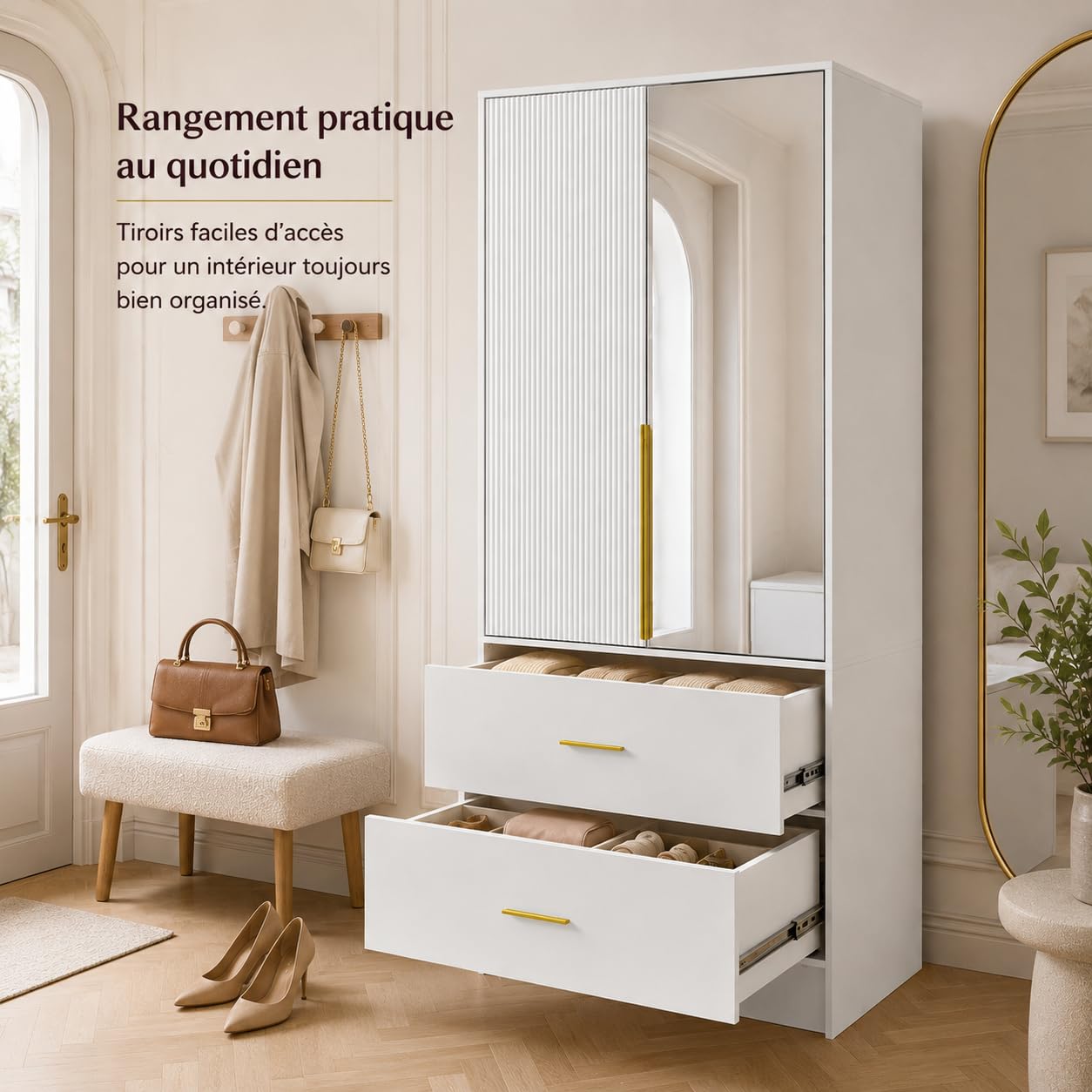 Armadio bianco con specchio, armadio per camera da letto con anta scanalata, 2 cassetti e maniglie dorate, guardaroba per camera da letto, 76 x 48 x 170 cm