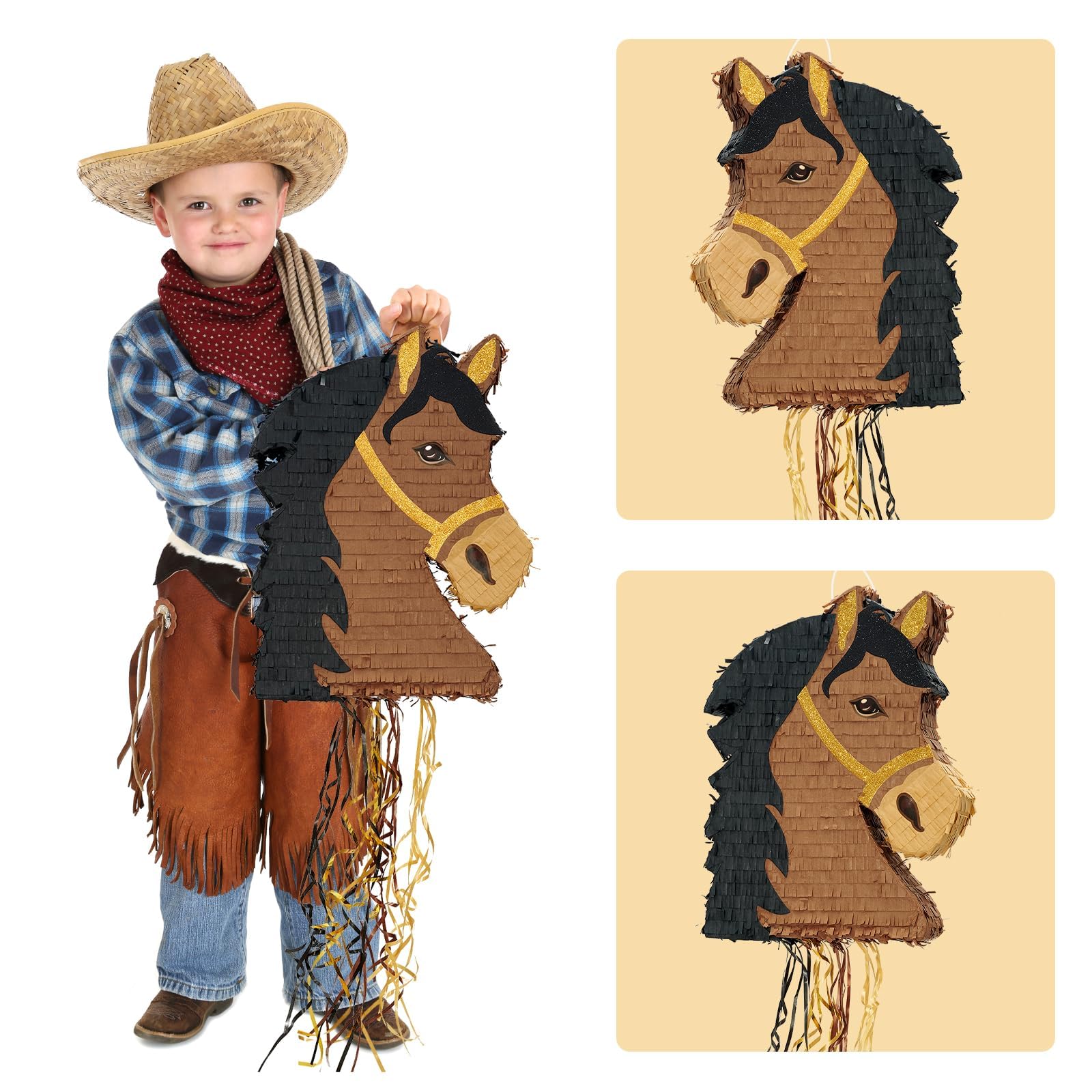 WERNNSAI Piñata cheval – Décoration d'anniversaire pour garçon et enfant Tête de cheval avec bâton Bandeau pour les yeux Décorations de fête d'anniversaire Cowboy Westworld Party Piñata Jeux