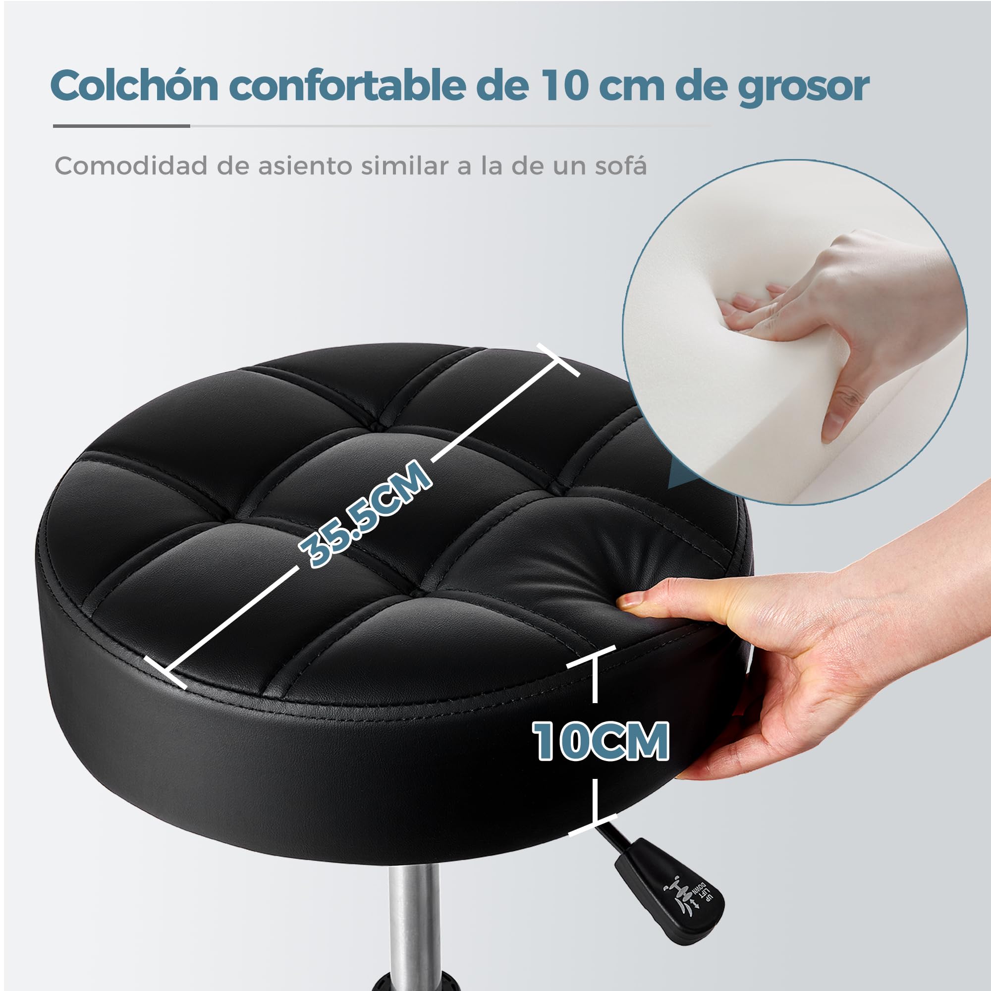BEWISHOME Taburete con Ruedas, Ajustable giratoria de 360°, Silla de Piel sintética Resistente para Asiento Grueso,Peso de 200 kg, para salón de Belleza, SPA, clínica(Negro)