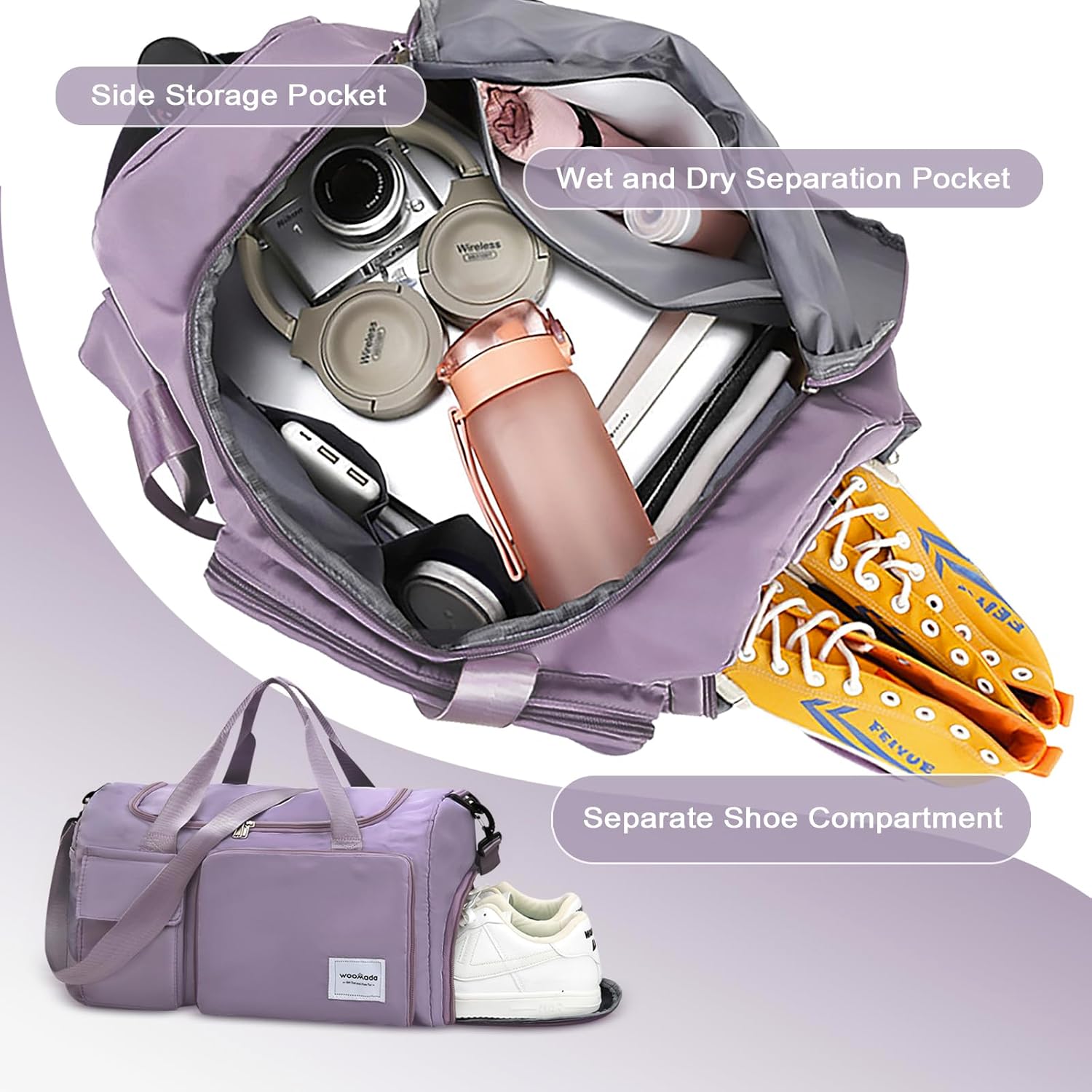 WOOMADA Foldable Travel Duffel Bag with Shoes Compartment, Overnight Bag with Wet Pocket & Trolley Sleeve, Weekender Bags for Women(A-grayish purple) - Image 5