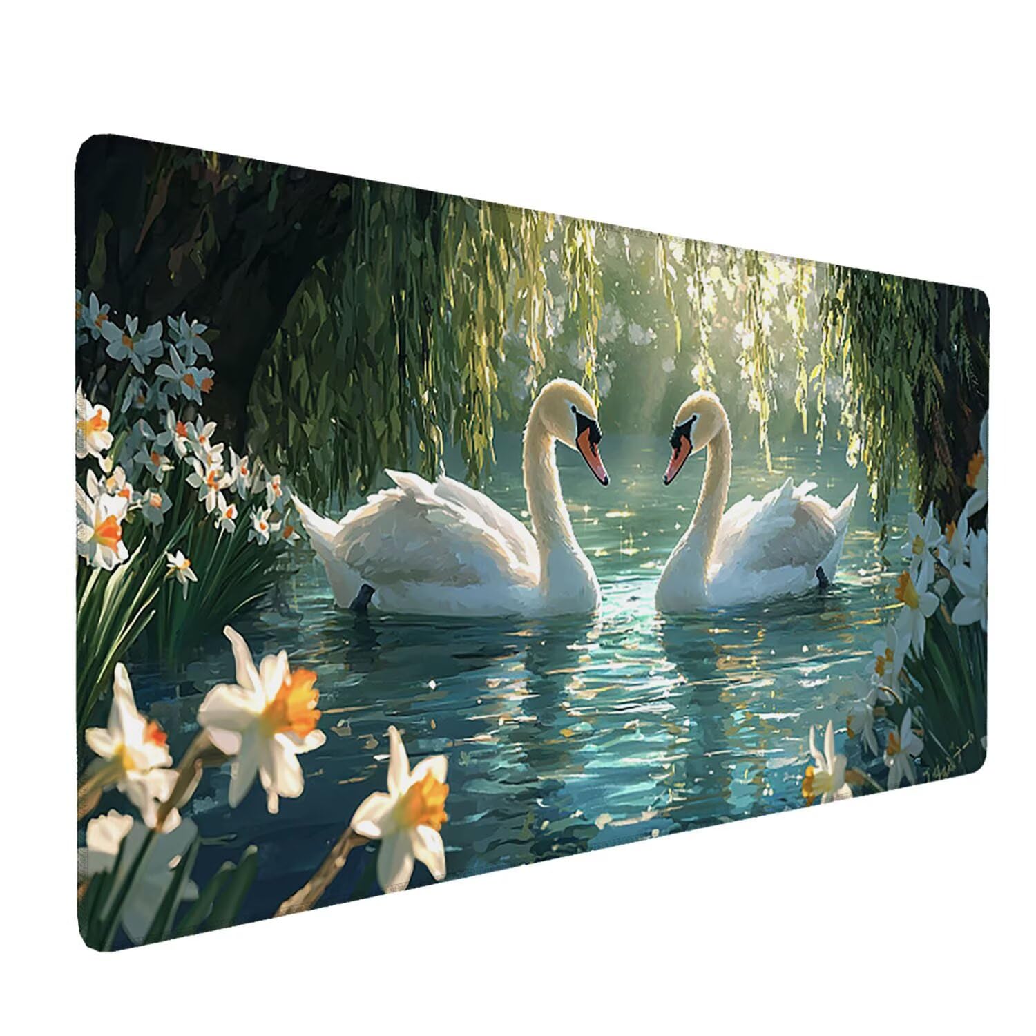 Podkładka pod mysz XXL, 1600 x 800 x 3 mm, gamingowa podkładka pod mysz z przyszytymi krawędziami, wodoodporna, z gładką powierzchnią, krajobraz łabędzi, podkładka pod mysz do wszystkich typów myszy