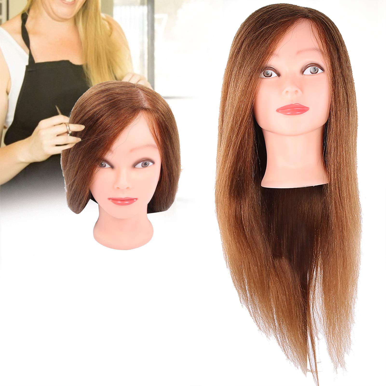 Brrnoo Testa di Manichino con 70% Capelli Veri 30% Fibra 23,6-25,6 Pollici per Allenamento Al Taglio dei Capelli, Pratica di Tessitura (BROWN)