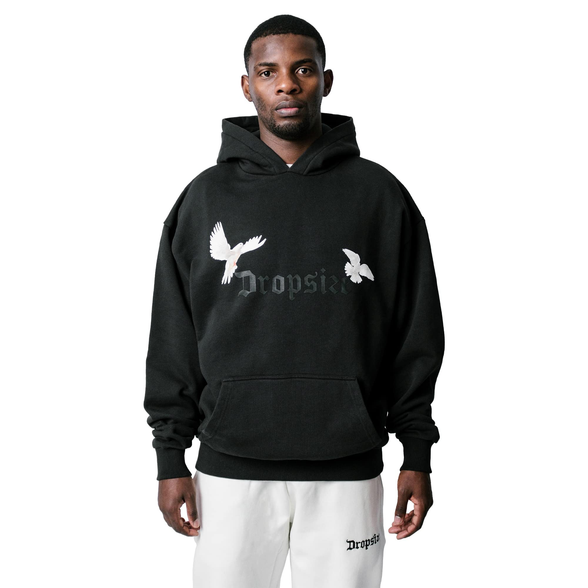 Dropsize Heavy Oversize White Doves - Felpa con cappuccio, colore: nero lavato, Urban Streetwear, oversize, in cotone 360 g/mq, con cappuccio, da uomo, bianco, M