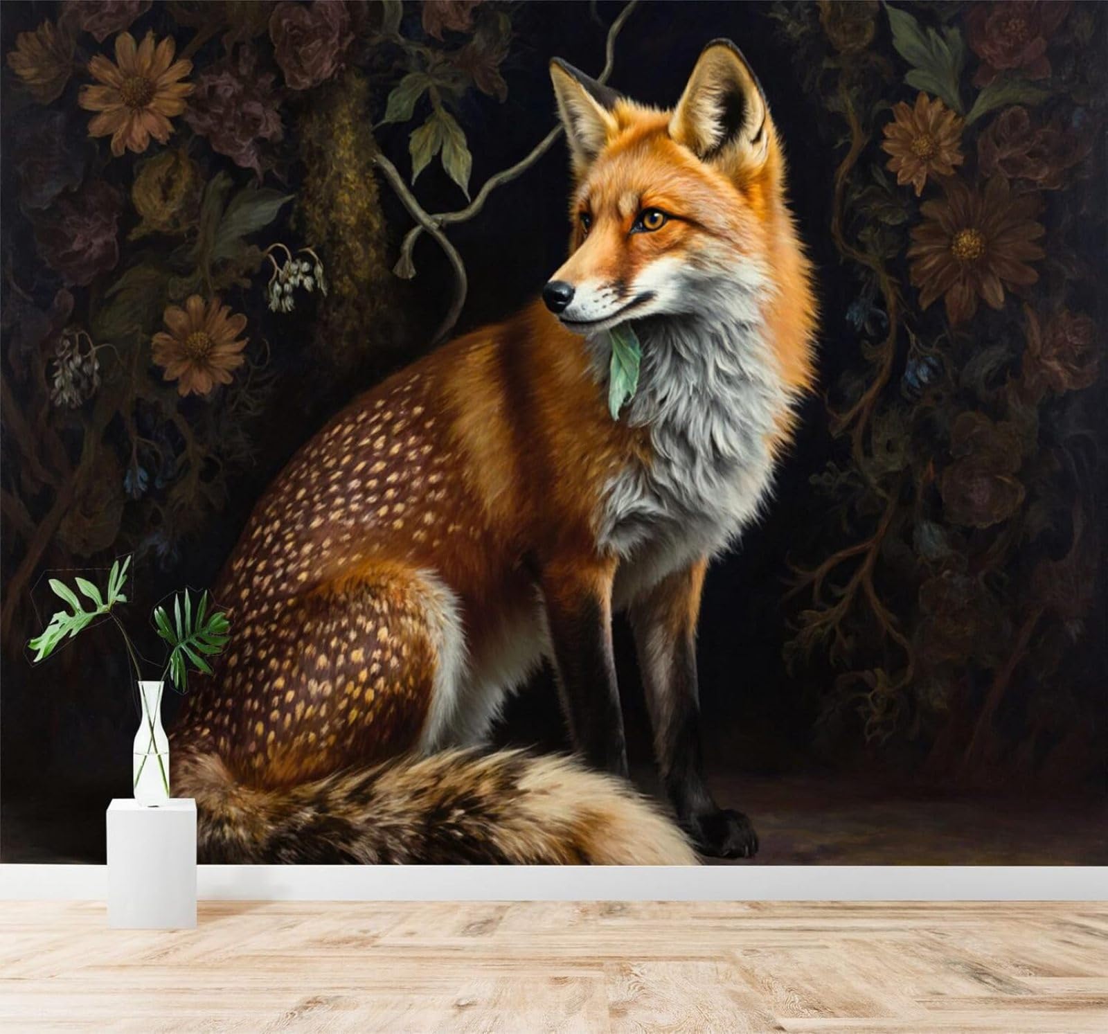 XLMING Three Dimensional Fox Forest Flowers Leaves 3D Wallpaper Silky Texture Home Study Office Grey Dining Room Sofa Bedroom Living Room TV Backdrop-400cm×280cm