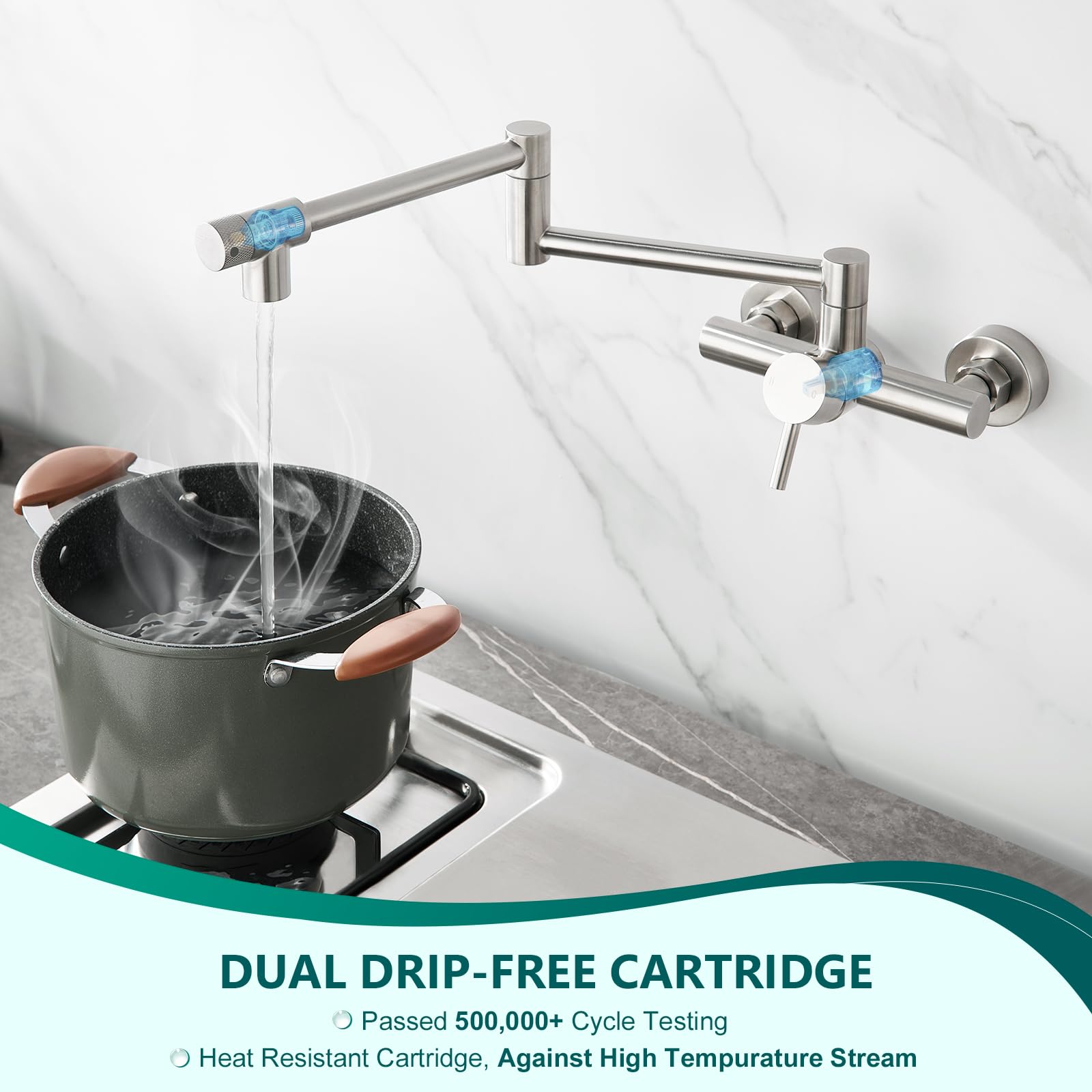 CREA Faltbare Wandarmatur für Küche,Küchenarmatur Spültischarmatur Wandwasserhahn Küche 360° Schwenkbar,Küchenarmatur Wandmontage Ausgussbecken mit Zwei Griffe Mischbatterie aus Edelstahl Gebürstet