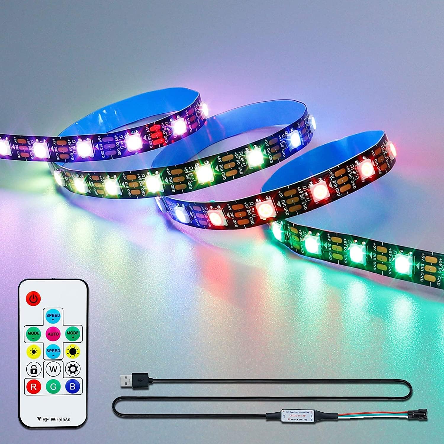 WS2812B 60LED/M Addressable RGB LED Strip Light, USB Powered with Remote Control DC 5V Flexible 3.3FT 60 Pixels 5050 SMD Dream Color No-Waterproof IP33 Black PCB LED Strips for DIY Projects