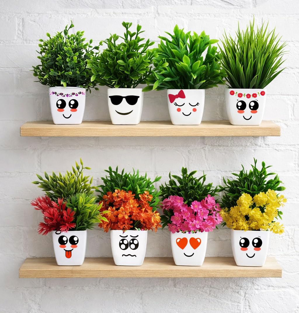 Artificial Mini Potted Plants Set of 8 with Cute Face Plastic Pots, Faux Greenery Desk Decor for Small Desk Decor for Home, Office, Study Table & Shelf, Maintenance-Free Indoor Decorative Planters-image-10
