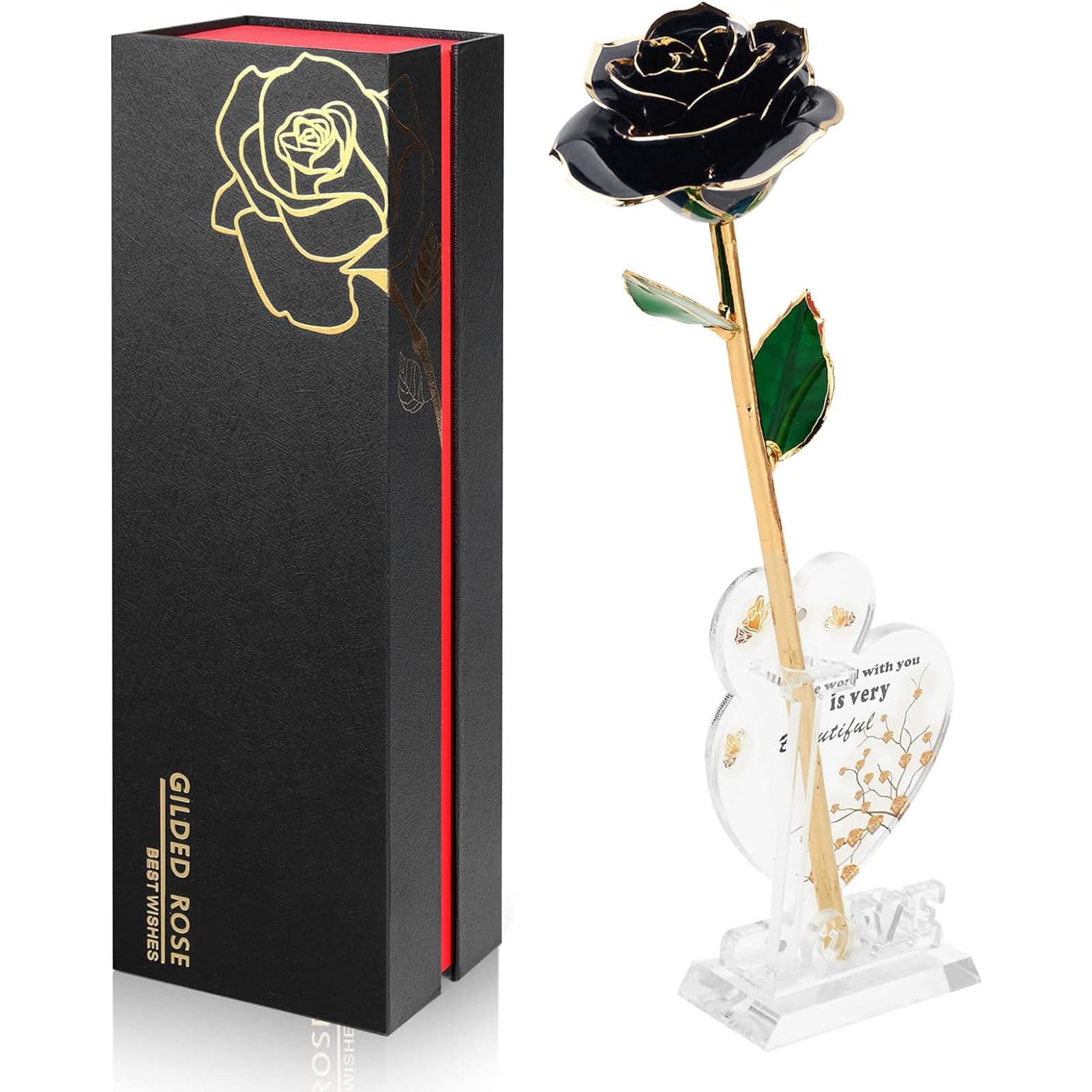 Ariceleo Gold Dipped Infinity Rose Last Forever Flower Decor, Birthday Gift for Women in Her Birthday Valentines Day Mothers Day, Resin Preserved Rose | Anniversary Present for Mom (Black)
