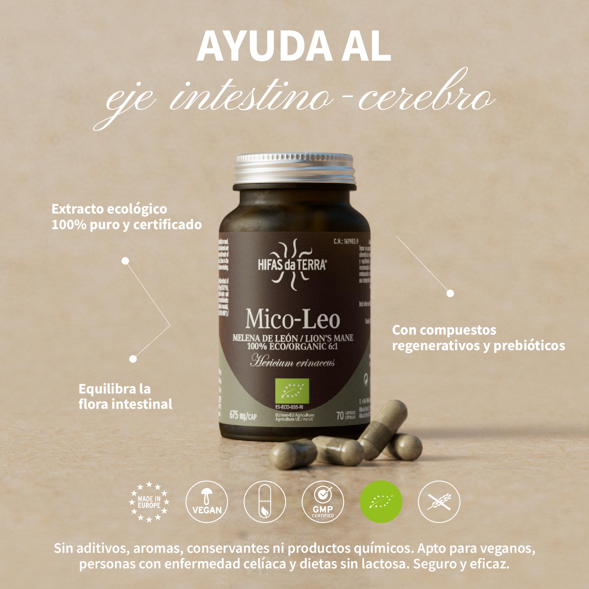 HIFAS DA TERRA - Mico-Leo Extracto Puro de Melena de León Hericium - Alta concentración de Beta-Glucanos y Vitamina C - Apoyo cognitivo, memoria, bienestar emocional e inmunitario - Refill 60 Cápsulas