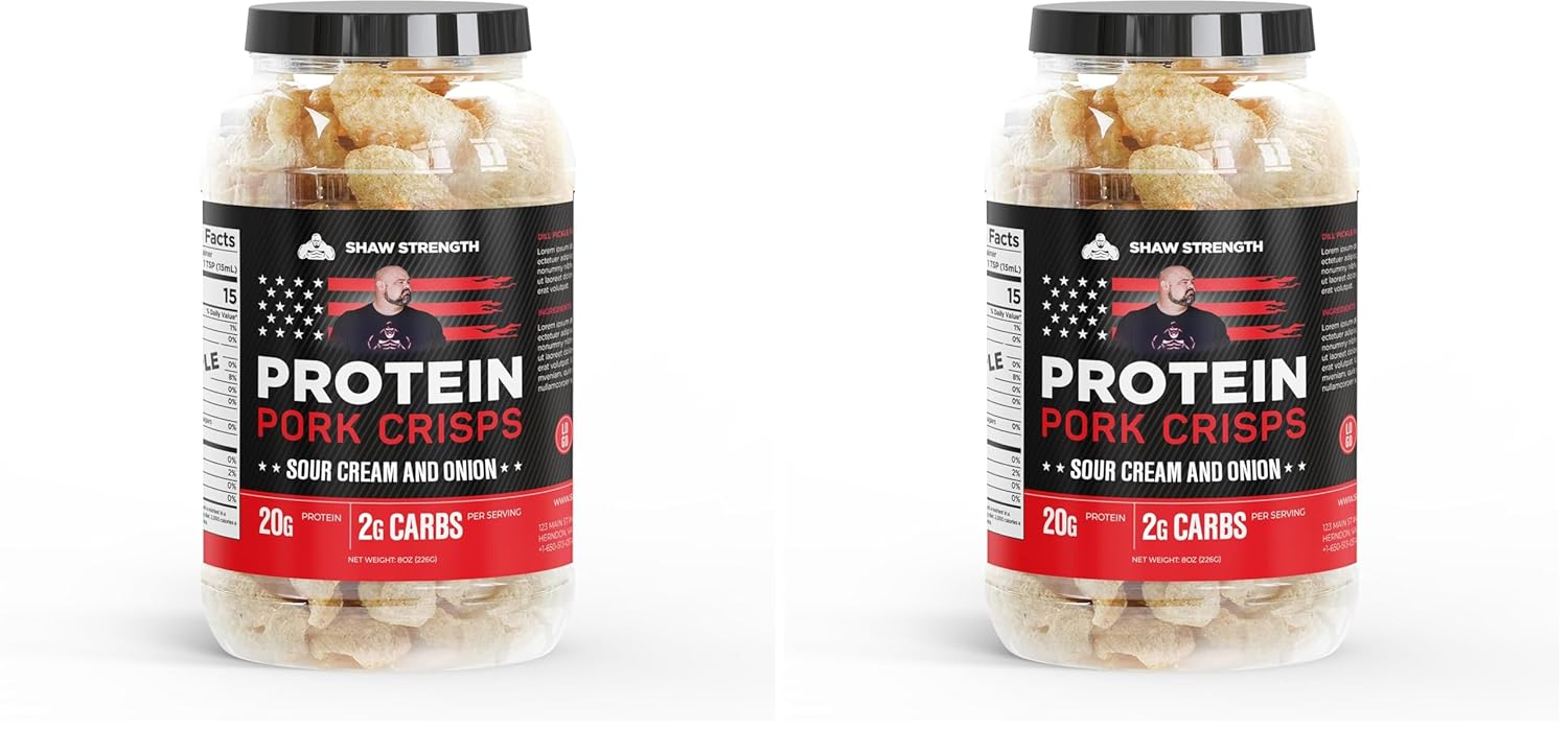 Shaw Strength Protein Pork Rinds (Sour Cream, 8oz); Developed for World’s Strongest Man Brian Shaw, Keto-Friendly, High Protein, No Carb, All-Natural Crisps Fried in Coconut Oil (Pack of 2)