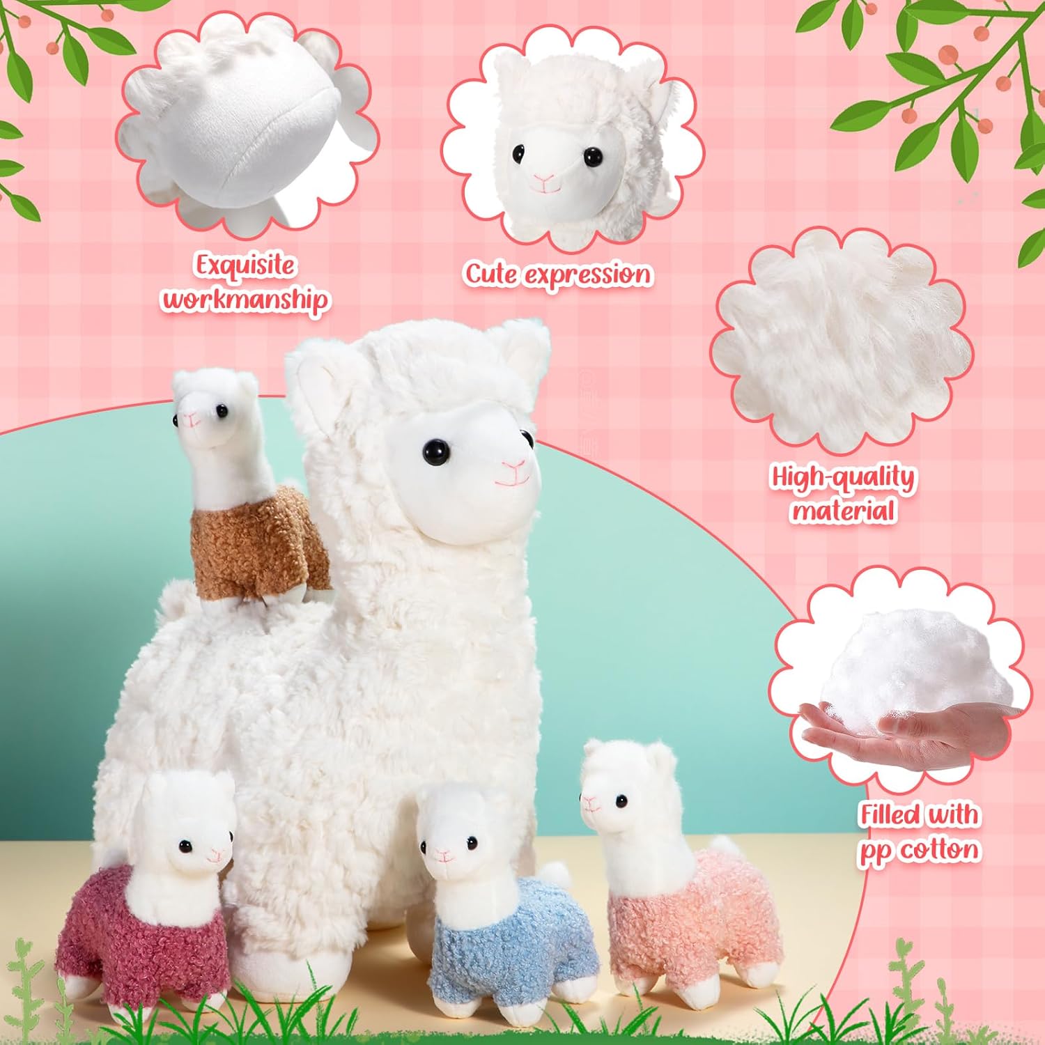 Lenwen 5 Pcs Llama Stuffed Animal Llama with Babies 14 Inch Mommy Alpaca with 4 Cute Plush Babies in Her Belly Soft Cuddly Plushie for Toddler Boy Girl Birthday Baby Shower Party Favors