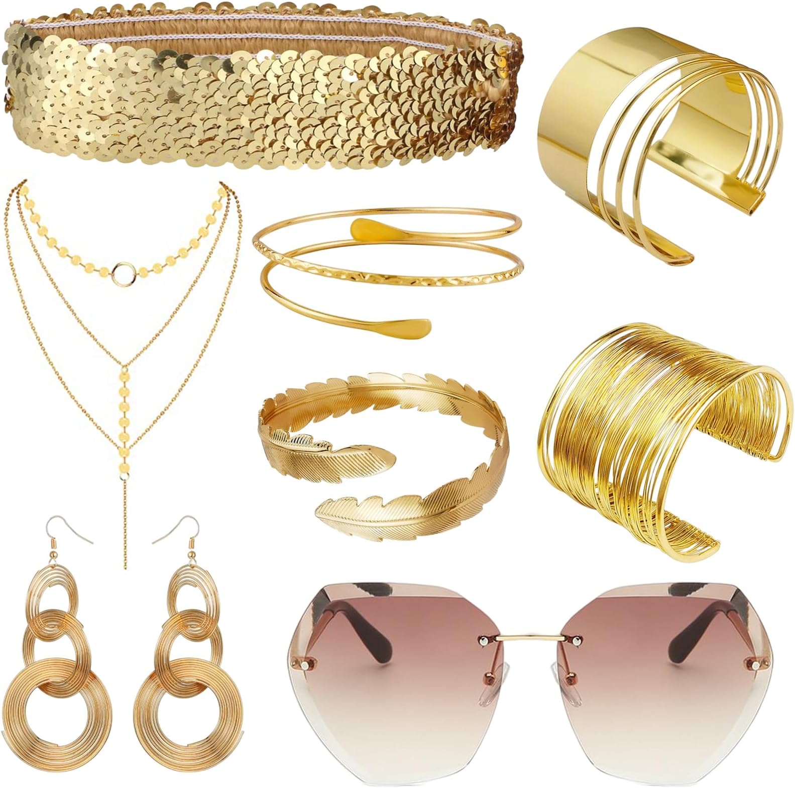 8 Pieces 70s Disco Accessories Set for Women, 1970s Disco Jewelry Costume with Rimless Sunglasses Sequin Headband Choker Necklace Earrings Cuff Bangle Bracelet Style for Ladies Dress Up Retro Party