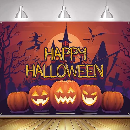 Cartel de Feliz Halloween, decoración de fiesta de Halloween, fondo grande de tela para cabina de fotos de Halloween, fondo con luna y calabaza,